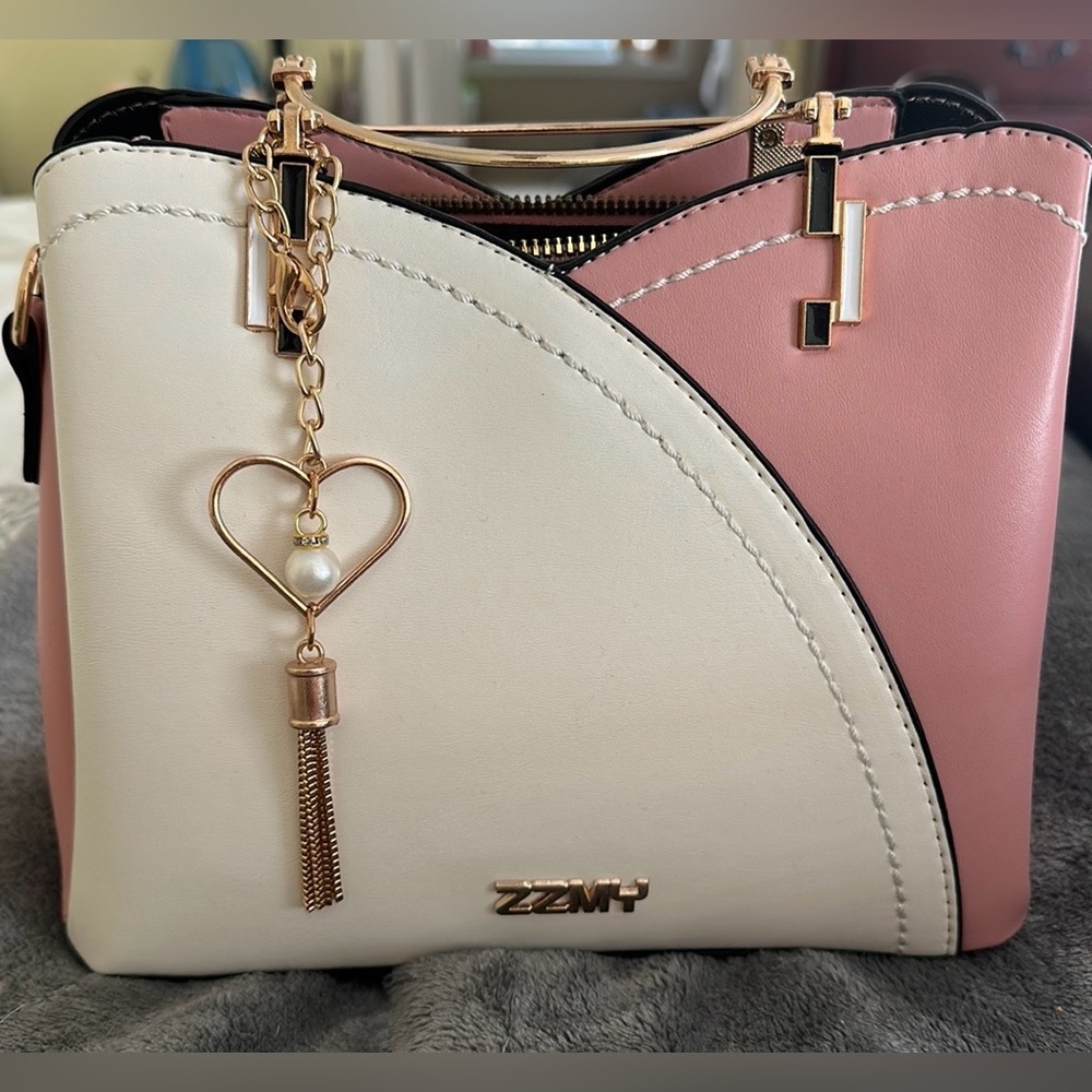 ZZMY Rose and White Crossbody Purse Gold Handles Detachable Strap Bag Charm NWOT